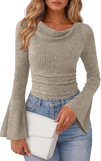 Lazysmile Women's Bell Sleeve Cowl Neck Ribbed Knit Crop Tops In Pakistan